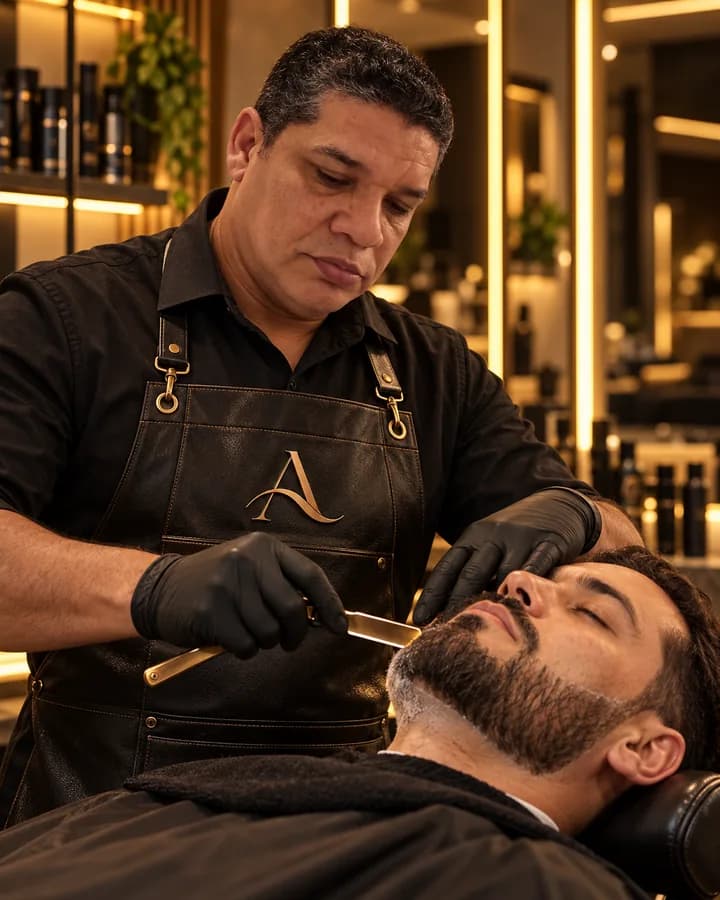 Anselmo aparando a barba de um cliente com navalha e luvas pretas