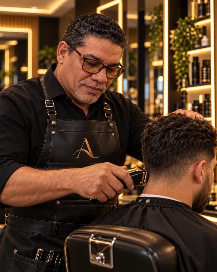 Anselmo trabalhando no corte masculino com máquina, de óculos e avental preto