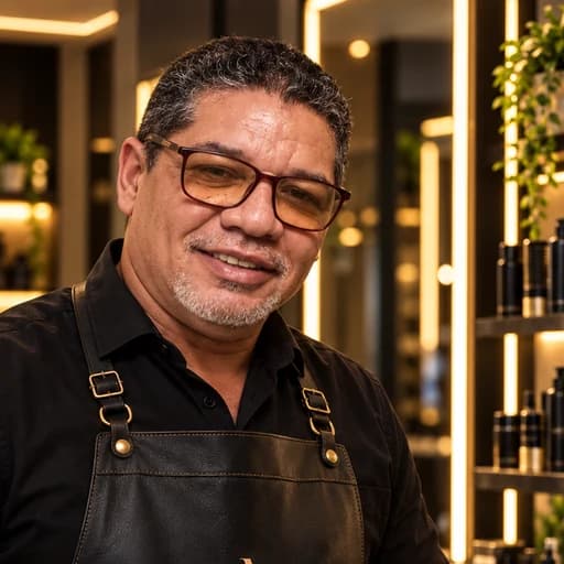 Anselmo sorrindo, de óculos e avental preto, em seu material de apresentação