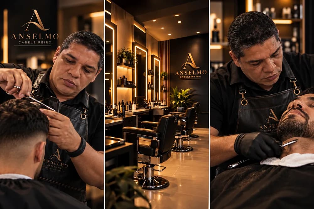 Montagem da identidade de Anselmo com imagens de corte de cabelo, cuidado com a barba e ambientação